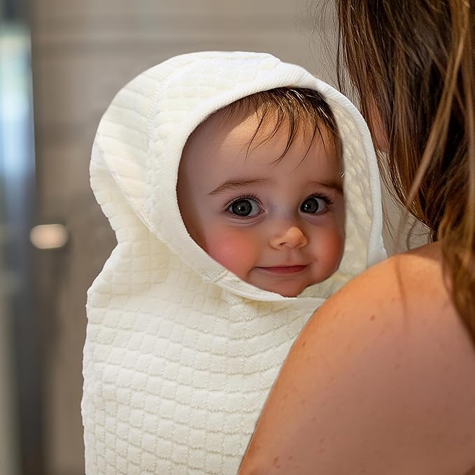 ORIGINAL KIDS Hooded Baby Towel - 100% Cotton Luxurious Jacquard Velour Baby Bath Towel with Hood - Boys Girls Infant Toddler - 550 GSM Soft Absorbent Newborn Bath Essentials - Large 30x30 - Ivory
