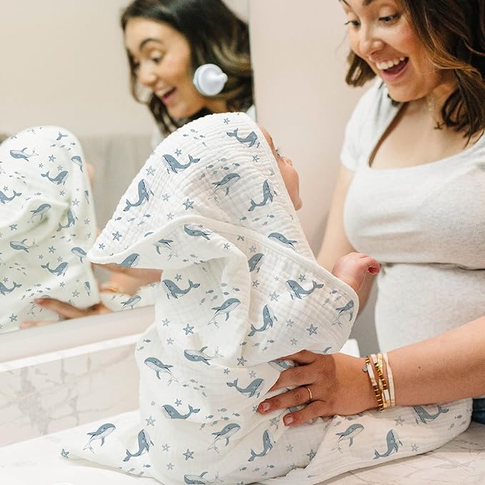 Konssy 2-Pack Muslin Hooded Baby Towels, 100% Cotton, Ultra-Soft & Absorbent Baby Bath Towels with Hood for Newborn & Infant (Blue, Blue Whale, 32" x 32")