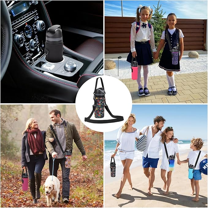 Neoprene Water Bottle Carrier Bag with Adjustable Shoulder Strap for Owala 24 OZ Tumbler, Insulated Water Bottle Cover for Owala FreeSip Insulated Water Bottle (Little Flower, 24 OZ)