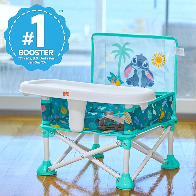 Bright Starts Disney Stitch Pop 'N Sit Portable Booster, Indoor/Outdoor Use, Floor Seat with Feeding Tray, Blue, 6 Mos - 3 Yrs