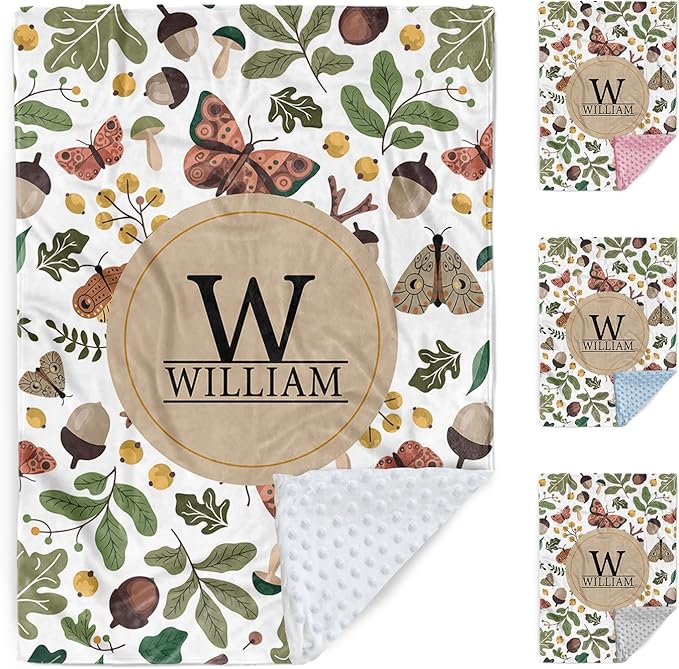 Personalized Baby Blanket, Customized Newborn Blankets with Name, Soft Receiving Blanket for Boy Girl, Green Mushroom Double Layer Dotted Swaddle, Nursery Toddler (47"x60")
