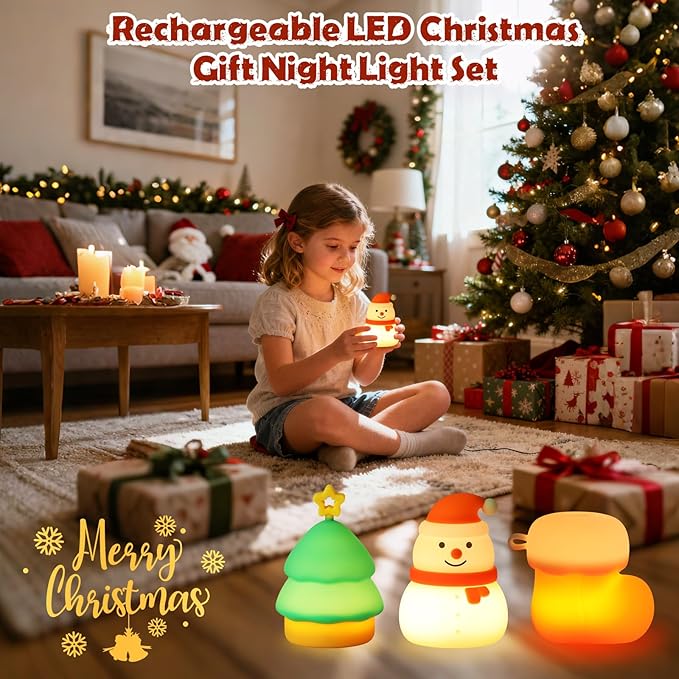 Christmas Night Light Set for kids,Rechargeable Dimmable Christmas Snowman Night Lamp,Cute Christmas Tree Decor Nightlight for Nursery Toddler Hangable Squishy Silicone Boot Lights Gifts Holiday Decor