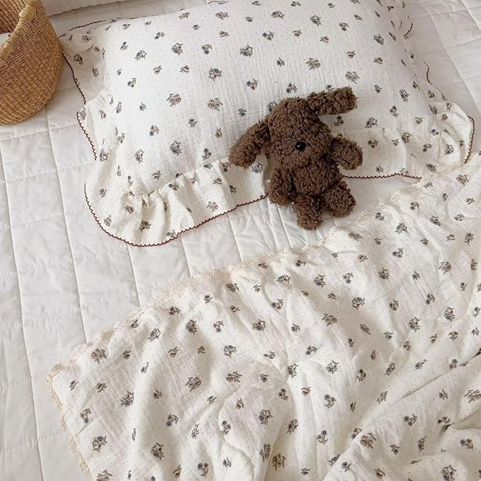 BuLuTu Crib Size Toddler Pillowcase 1 pc, 14"x20", Oeko-TEX Certified 100% Cotton Gauze Pillow Cases for Girls Boys Sensitive Skin, Pansy Floral Print with Dots Pillow Cover, Soft Breathable