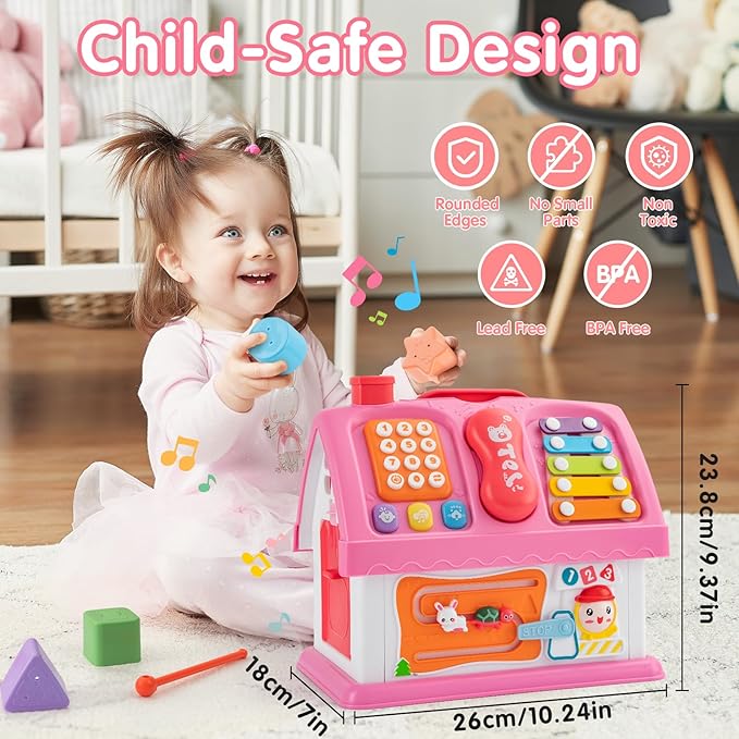 Montessori Toys for 1 Year Old, Baby Music Toys for 1 Year Old Girl Gift, 12-in-1 Musical House Toddler Learning Toy for 1 2 3 Ages, First Birthday Gifts for Girls and Boys, Educational Toy, (Pink)
