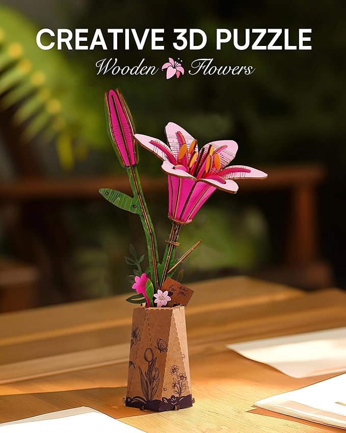 3D Flower Wooden Puzzles for Adults-Pink Lily, DIY Wooden Flowers Model Kit Building Set Crafts for Adults to Build, Botanical Collection/Ideal Creative Gift Ideas/Housewarming (73PCS)