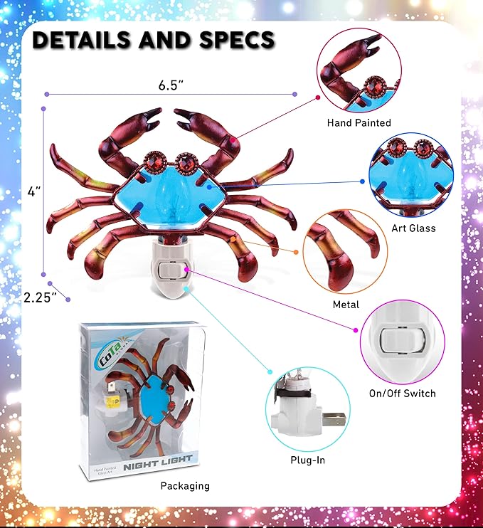 Puzzled Glass Art Night Light, Plug in Decorative Socket Lamp, Manual On & Off Portable Lights for Stairway, Bedroom, Bathroom, Nursery, Home Accessory & Kitchen Decor - Crab