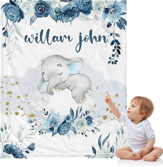 J&SBGFT Personalized Baby Blanket for Boys - Custom Name Receiving Blanket for Toddlers, Kids - Nursery, Stroller, Crib Decor Throw - Blue Elephant Sleeping