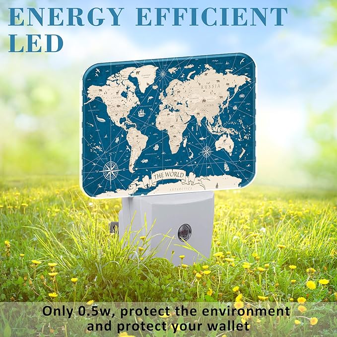 Vintage Blue World Map Night Light for Kids, World Map LED Night Light Plug into Wall with Dusk to Dawn Sensor for Girls Boys Women Men Bedroom, Hallway, Kitchen, Bathroom, Stairs Decor