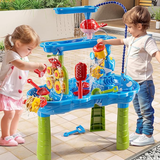 Auto Water Table for Toddlers 3-5, 3-Tier Kids Sand Water Table, Water and Sand Activity Sensory Table Summer Beach Outside Toys Backyard for Kids Toddlers Age 3 4 5 6 7 8