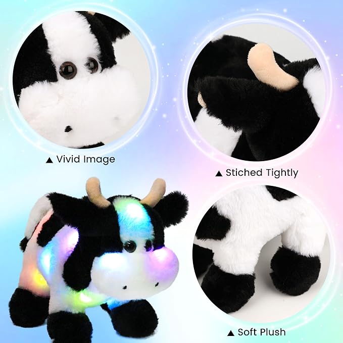 Hopearl LED Musical Stuffed Cow Lighting Up Singing Plush Toy Adjustable Volume Lullaby Animated Soothe Birthday Festival for Kids Toddler Girls, 12''