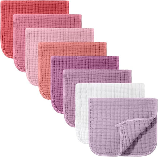 8 Packs Muslin Burp Cloths 6 Layers Unisex Baby Items Absorbent Burp Rags Colorful Muslin Washcloths for Baby Plain Soft Cotton Cloth for Babies Girls Boys, 10 x 20 Inch (Vivid Colors)