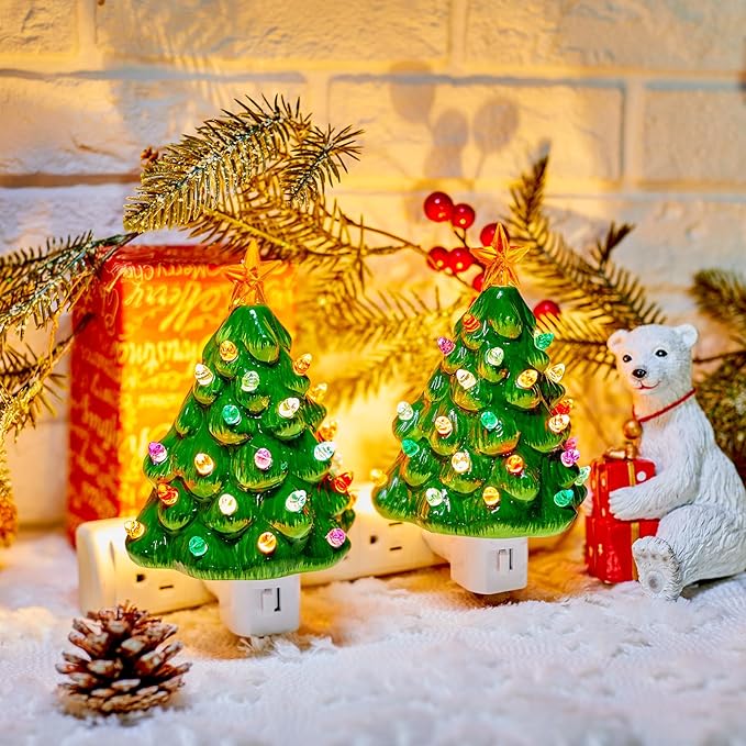 Brightown Ceramic Christmas Tree Night Light - 2 Pack Christmas Decorative Ceramic Tree with ON/Off Switch, Vintage Christmas Night Light for Bedroom Porch Holiday Decor