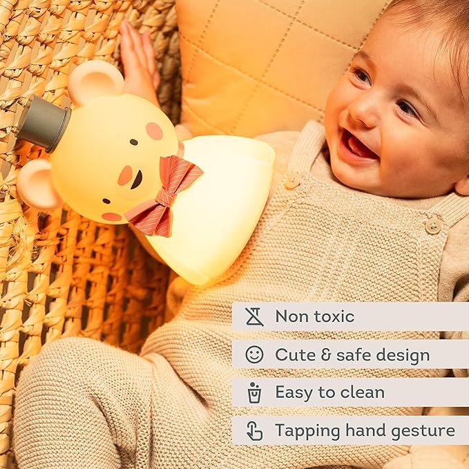 Taf Toys Silicone Kids Night Light Adjustable Brightness Levels & 30-Min Timer Tap Control 3-Level Dimmable Baby Night Lights for Nursery USB Rechargeable Nursing Lamp Bedroom Décor (Little Bear)