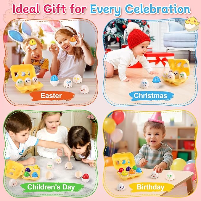 USATDD Egg Toys Hide & Squeak Matching Eggs for Toddlers, Color Recognition Sensory Learning Toys, Fine Motor Skills Montessori Toy for Kids, 6pcs
