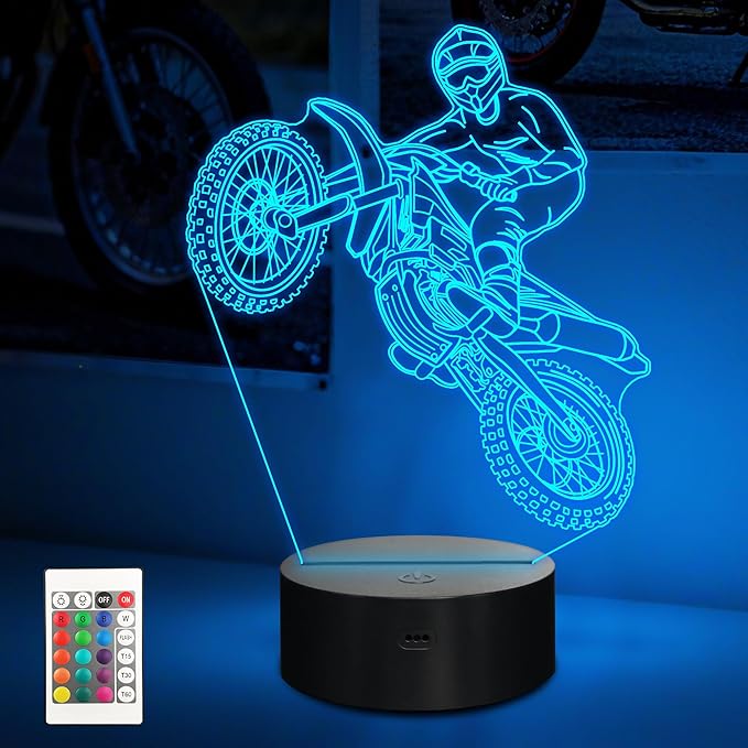 Dirt Bike 3D Night Light, LED Illusion Optical Lamp With16 Colors Changes & Remote Control & Timer, Motorcycle Room Decor, Birthday Christmas Gifts for Boys Girls Kids Men