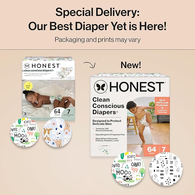 The Honest Company Clean Conscious Diapers for Delicate Skin, Up to 100% Leakproof Hypoallergenic Fragrance-Free Baby Diapers, Gender Neutral Prints, Super Club Box, Size 7 (41+ lbs), 64 Count
