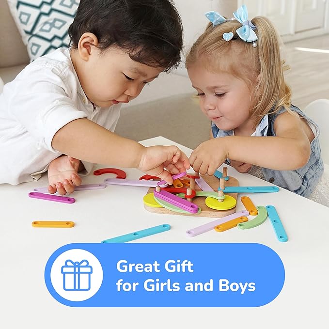 Bimi Boo Construction Activity Set: Premium Wooden Stacking Letters, Numbers, Shape Sorter Peg Board for Toddlers, Learning ABCs, Colors, Emotions (28 Sticks, 1 Board, 1 Guide Booklet)