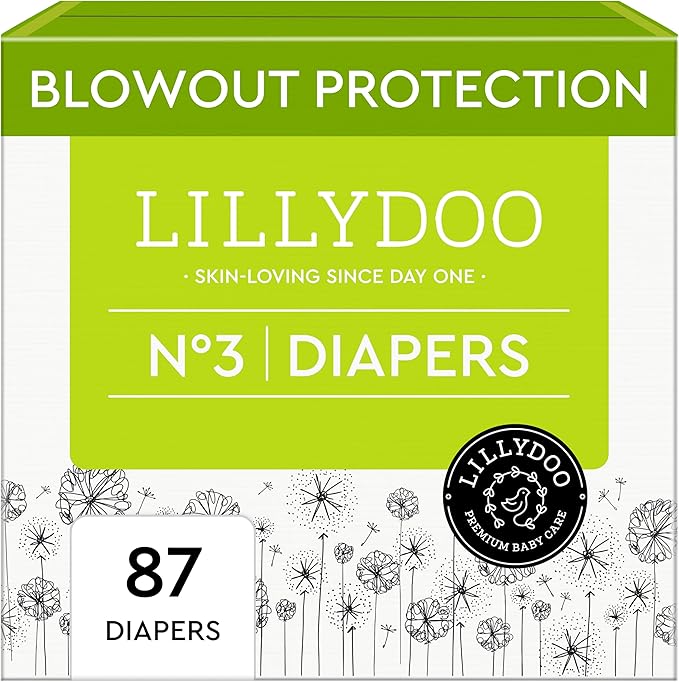 LILLYDOO Baby Diapers - Size 3 (13-22 lbs), Half-Monthly Supply (87 Count), Leak Protection, Skin-Friendly, Ultrasoft, Perfume- & Chlorine-Free, Hypoallergenic, Dermatologist Tested, Oeko-TEX®
