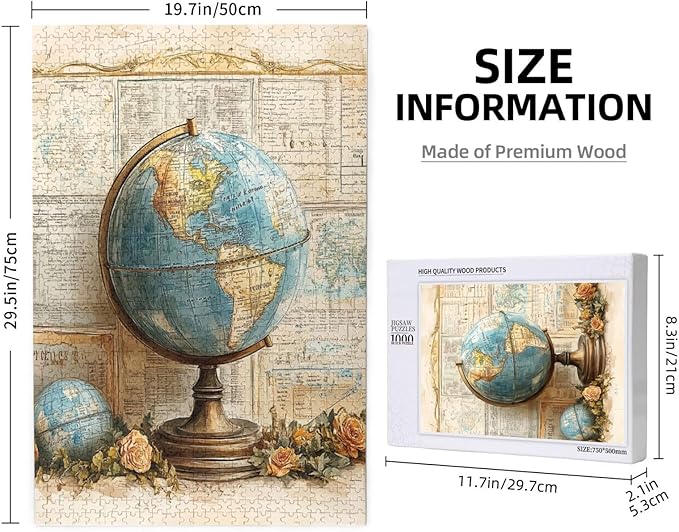 Elegant Globe Puzzle，World Map Inside, Vintage Backdrop, and Rose Detailing，1000 Piece Adults Wooden Jigsaw Puzzle，Puzzles Suitable for Entertaining with Family During Holidays