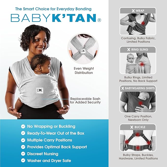 Original Baby K'tan Baby Carrier: #1 Easy Pre-Wrapped, Soft, Slip-On, No Rings, No Buckles | 5 in 1 Baby Sling Gift | The Best Hands Free Infant Wrap | Heather Grey | X-Small