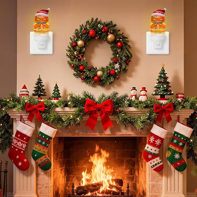 2 Pack Christmas Night Light Plug into Wall Glitter Water Nightlight with USB/Outlet Options, Christmas Gingerbread Decorative Nightlight for Bedroom Kitchen Holiday Decorations Gifts (Gingerbread)