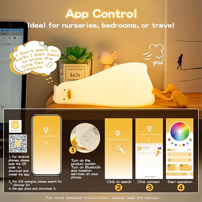 Cute Duck Night Light with Color Changing, APP/Tap Control Fun Lying Flat Ducky Lamp with Blind Box Gift,Soft Silicone Nursery Nightlight,Dimmable/Timing Bedside Touch Lamp,Baby Adults Kids Room Decor