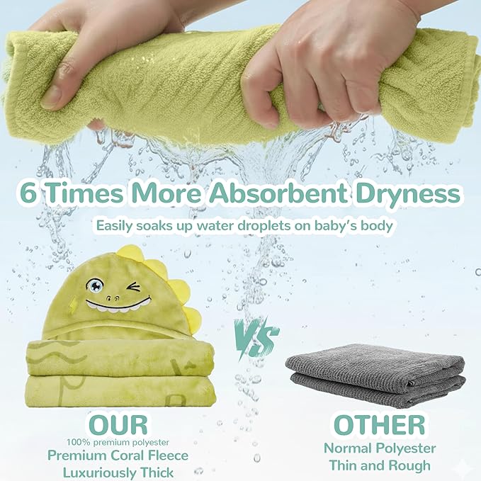 HECCEI HoodieHug Baby Towels, Premium Coral Fleece Bath Towel with Large Size-Ultra Absorbent for Baby Comfort- Great Gift for Newborn, Toddler and Kid (Dinosaur)