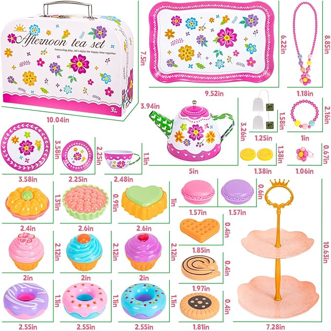 Kids Tea Party Set for Little Girls, Flower Toy Tin Tea Set with Carry Case, Dessert Play Food Tea Cup Set Teapot Girl Jewelry, Birthday for Girls Kids 3 4 5 6 7 Years Old