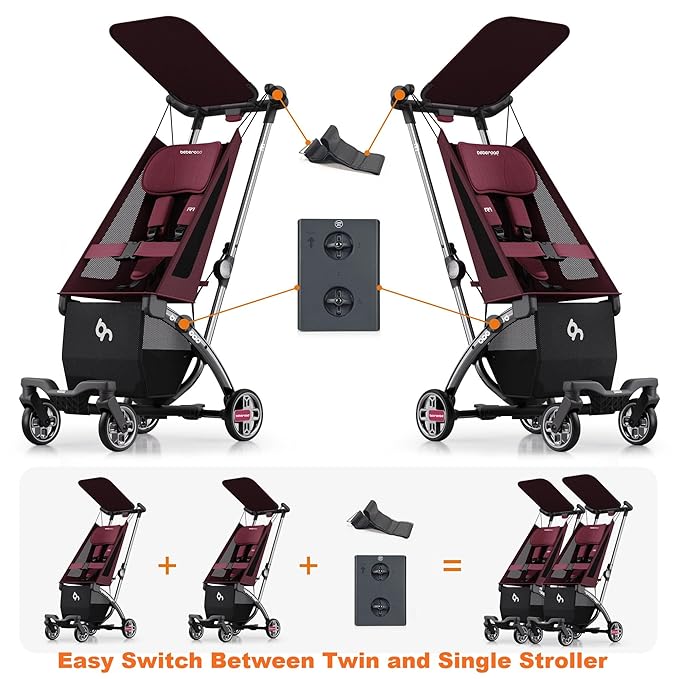 Beberoad Love R1 Auto-Folding Ultra Lightweight Double Stroller Twin Strollers, Side by Side Stroller for Babies and Toddlers Aged 6-36 Months, Only 23.5 lbs, Can Turn into Two Single Strollers, Red