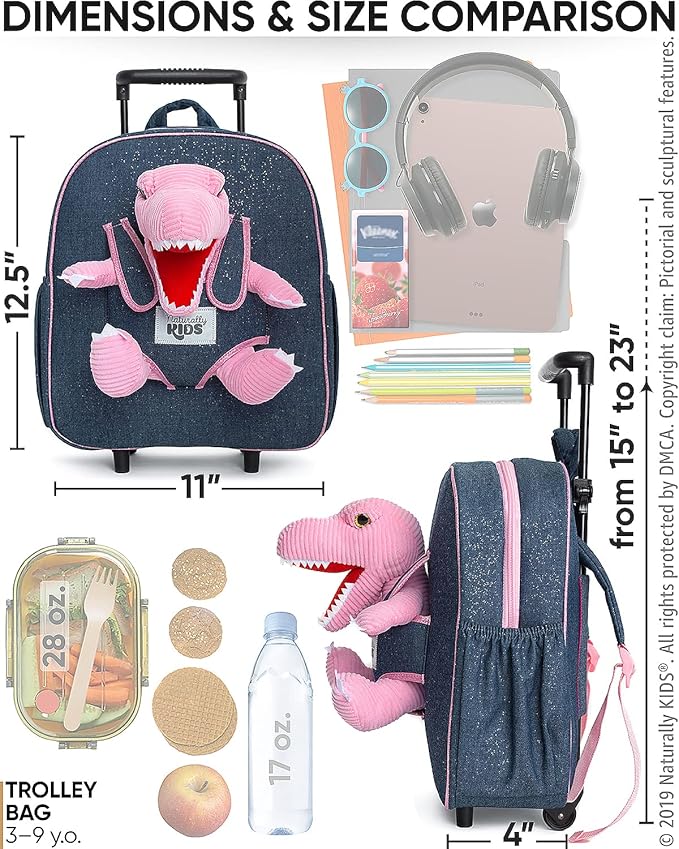 Toddler Luggage w Pink Dinosaur Toys, Kids Rolling Backpack for Girls, Boys, Toddler Suitcase, Gifts for 3 4 5 6 Year Old