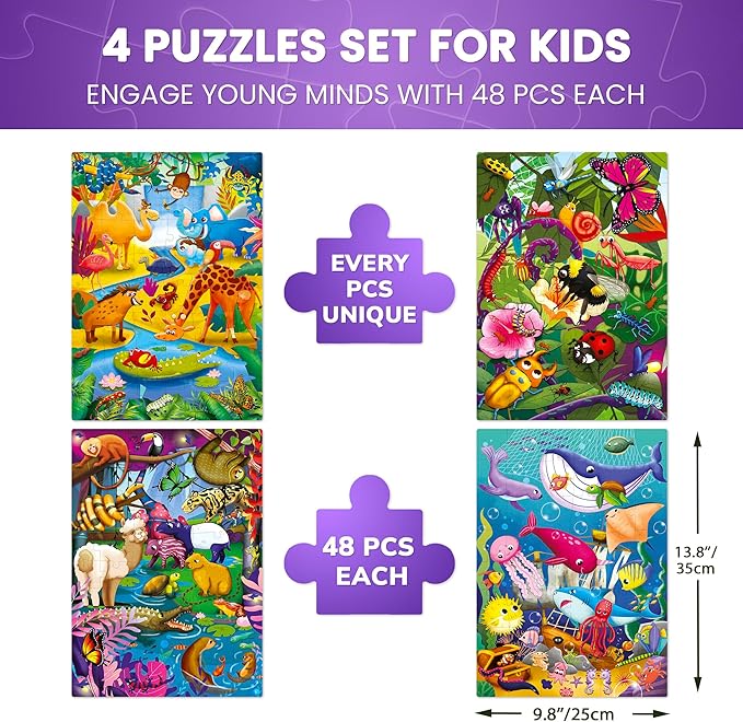 QUOKKA Puzzles for Kids Ages 4-6 – 4 x 48 Pieces Jigsaw Puzzles for Toddlers 3-5 – Toy for Learning Insects, African, Ocean Animals – Educational Game for Boy and Girl 2-4 Year Old - Improved Version