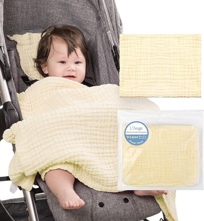 L'Ange Baby Bath Towel - 9 Layers 100% Cotton Muslin, Super Quick Dry, Medical Grade Packaging for Infants and Newborns - 28 x 47in - Yellow