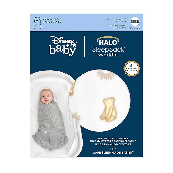 HALO Micro-Fleece Sleepsack Swaddle, 3-Way Adjustable Wearable Blanket, TOG 3.0, Sunshine Winnie, Newborn, 0-3 Months