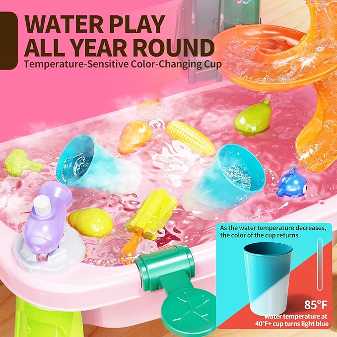 Water Table Play Sink Toys for Toddlers, Kids Play Kitchen Sink with Running Water, 360° Electric Faucet, Floating Fishing Game, Sensory Water Table Toys for Boys Girls Summer Gifts - Pink
