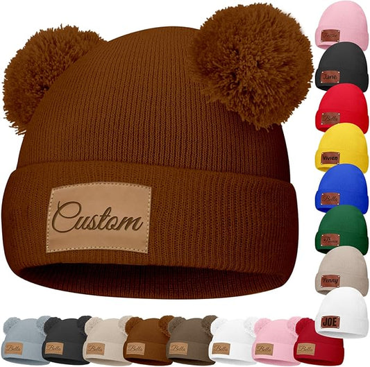 Custom Baby Beanies Personalized Toddler Winter Hats Name Leather Patch Kids Knit Warm Hat for Infant Boys Girls Adult