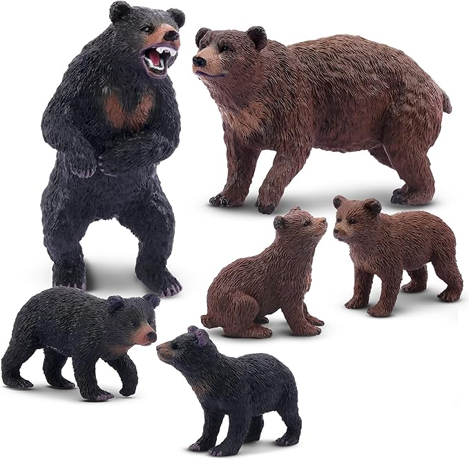 Toymany 6PCS Bear Figurines, Realistic Forest Animals Bear Family Figures Toy Set Includes Brown Bears Black Bears and Cubs, Education Toy Birthday for Kids Toddlers
