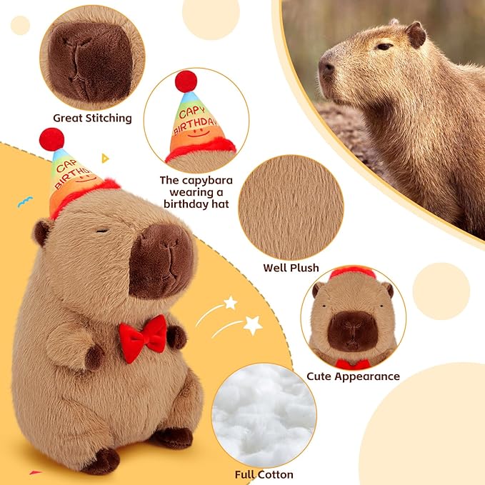 Achwishap Capybara Plush,Cute Plushies Capybara Stuffed Animal,Capybaras Plush Toys,Kawaii Plushie Stuffed Toy with Birthday Hat Plushie Gift for Kids Adults Birthday(Capybara with Birthdays Hat,12”)