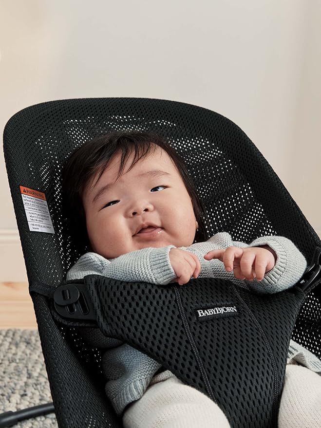 BabyBjörn Bouncer Bliss, Black Frame, Mesh, Black 2-in-1 Adjustable Baby Bouncer Seat and Toddler Chair, Newborn to Toddler (8-29 lbs), 4 Positions, Lightweight & Portable