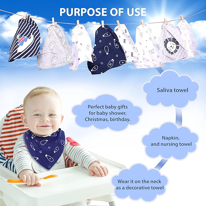 DOKMA Set 8 Organic Cotton Baby Drool Bibs - Bandana Teething Bibs for Baby - Bandana Drool Bibs - Ultra Soft, No Scratch