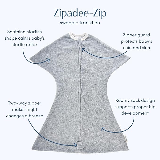 SleepingBaby Zipadee-Zip Transition Swaddle - Cozy Fleece Wearable Blanket with Two-Way Zipper for Baby Sleep - Heather Grey, X-Small (3-6 Month)