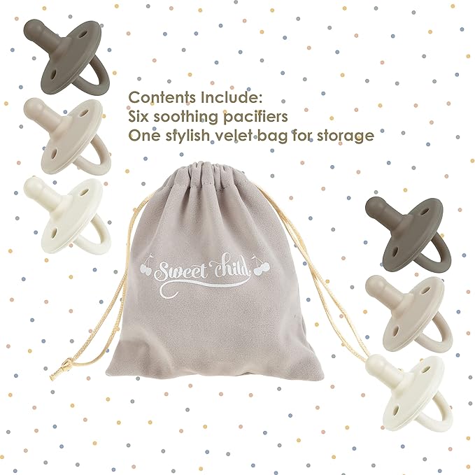 Sweet Child Pacifiers 0-18 Months, Set of 6 Ultra-Light Silicone Binkies with Collapsible Handle & 3 Air Holes for Added Safety, Best Newborn Pacifiers for Baby Boys Or Girls