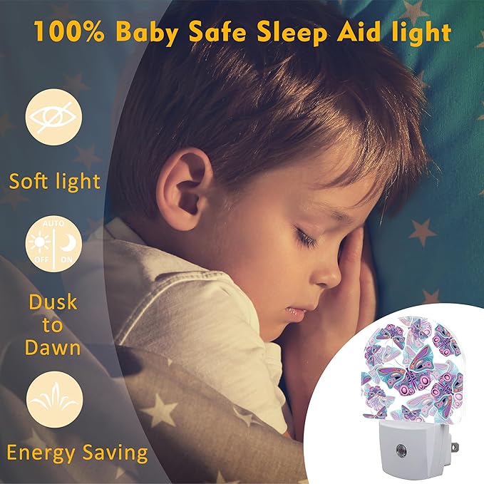 Colorful Butterflies Night Light Plug into Wall,Retro Watercolor Butterfly Dusk to Dawn Night Light,0.5w Energy Saving Sleep Friendly Nightlights for Kids Boys Girls Home Decor