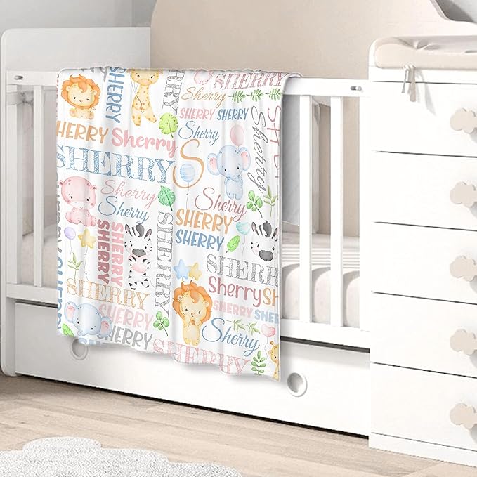 Personalized Baby Blanket for Girls Boys Lion Elephant Custom Baby Blanket with Name Swaddle Blanket for Toddlers Infants Kids Shower Newborns Nursery Stroller Crib Decor Throw Birthday Gift