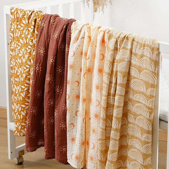4 Set Muslin Swaddle Blankets for Newborn Baby Boys, Girls - Cute Soft Print Baby Towel Wrap 120x110cm - Yellow Floral
