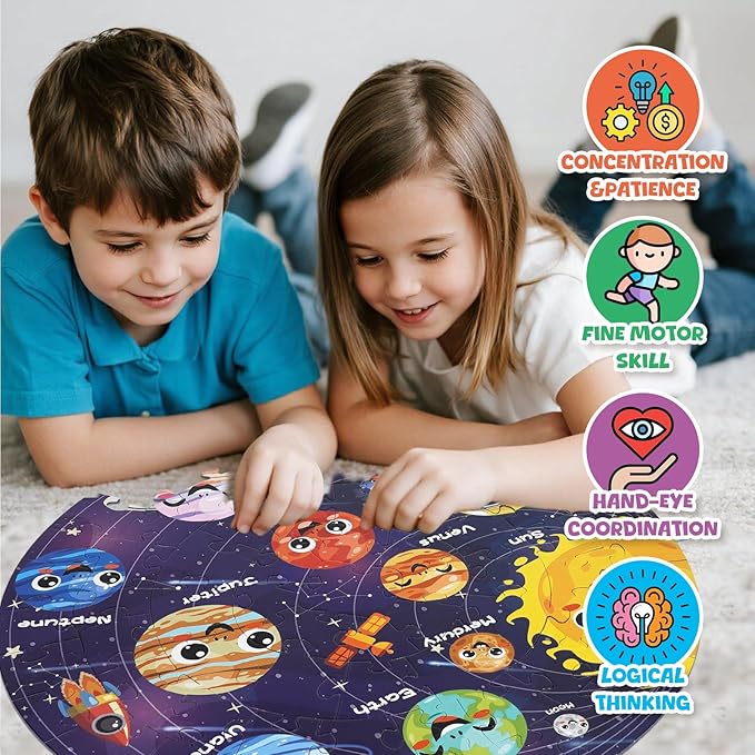 Floor Puzzle for Kids Ages 5-8 with Solar System Planets 70 Piece Globe Space Planets Large Floor Puzzle for Kids, Planet Round Large Puzzle for Toddlers, Geography Educational Toys for Boys&Girls