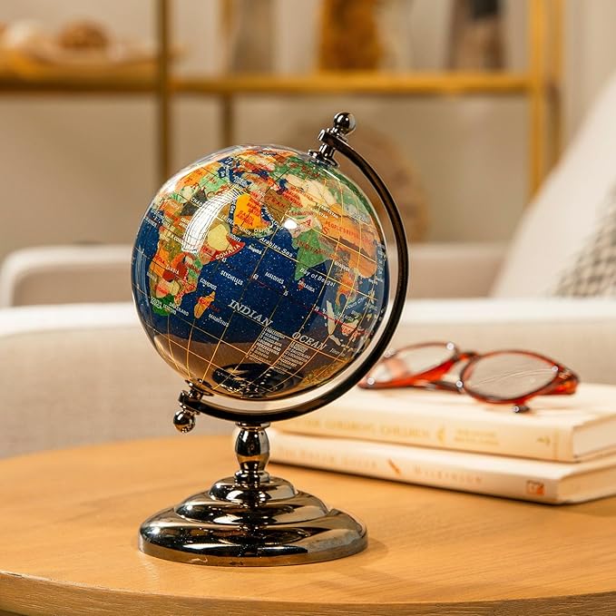 KALIFANO 7” Tall Gemstone Globe with Vibrant Polished Lapis Ocean and Mosaic Crystal Continents - World Globe with Metal Stand for Office & Home Décor