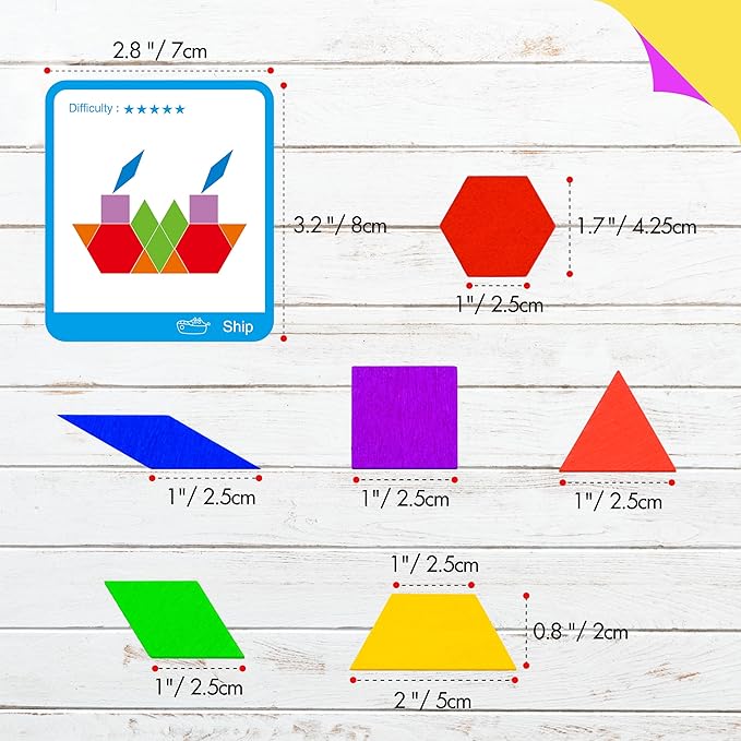 215 PCS Wooden Pattern Blocks Set, 24 Double-Sided Design Cards Pattern Building Shapes Educational Geometric Shape Puzzle Fun Tangram Montessori Learning Toys for Kids Ages 4-8 (A Storage Bag)