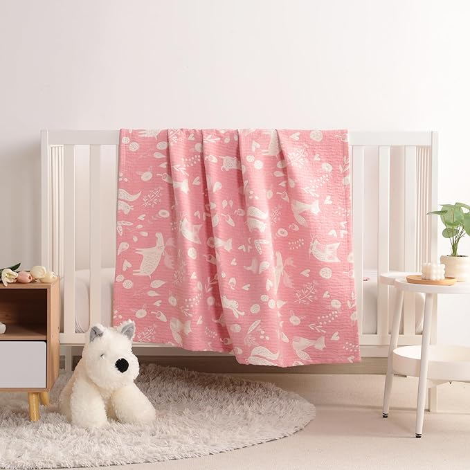 NTBAY 3 Layer Toddler Blanket, Muslin Cotton Jacquard Bed Blankets, Lightweight Thermal Baby Blanket, Super Soft and Warm Crib Blanket for All Seasons, Decoration Gift, 45"x60", Pink Owl