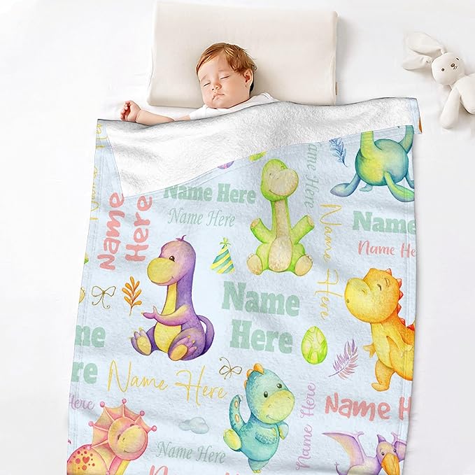 Personalized Dinosaur Custom Baby Blanket with Name - Swaddle Blanket for Toddlers, Infants, Kids - Shower, Newborns, Nursery, Stroller, Crib Decor - Throw - Birthday Gift