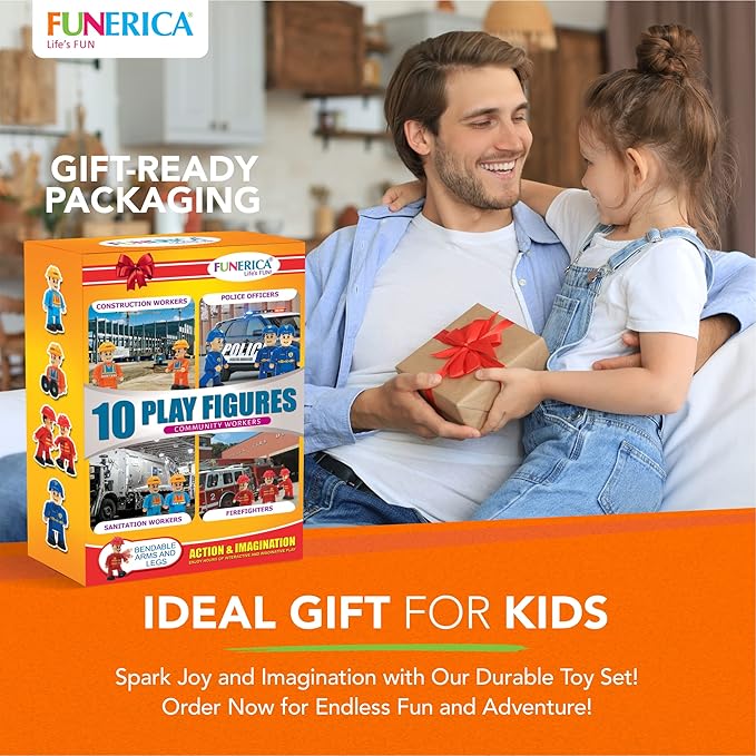 FUNERICA 10-Set Toy People Figures - Bendable Fireman, Police, Construction Workers, Community Helpers, Play Little People Toys Figurines Dollhouse Firefighter playset